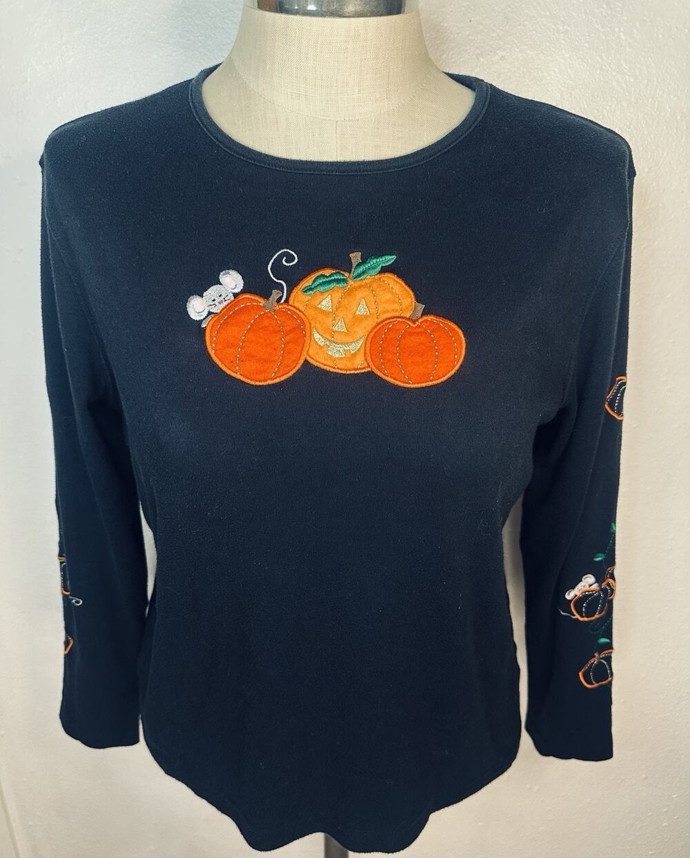 Vintage Fall Halloween Black Long sleeve With Pumpkin & Mouse Embroidery Large